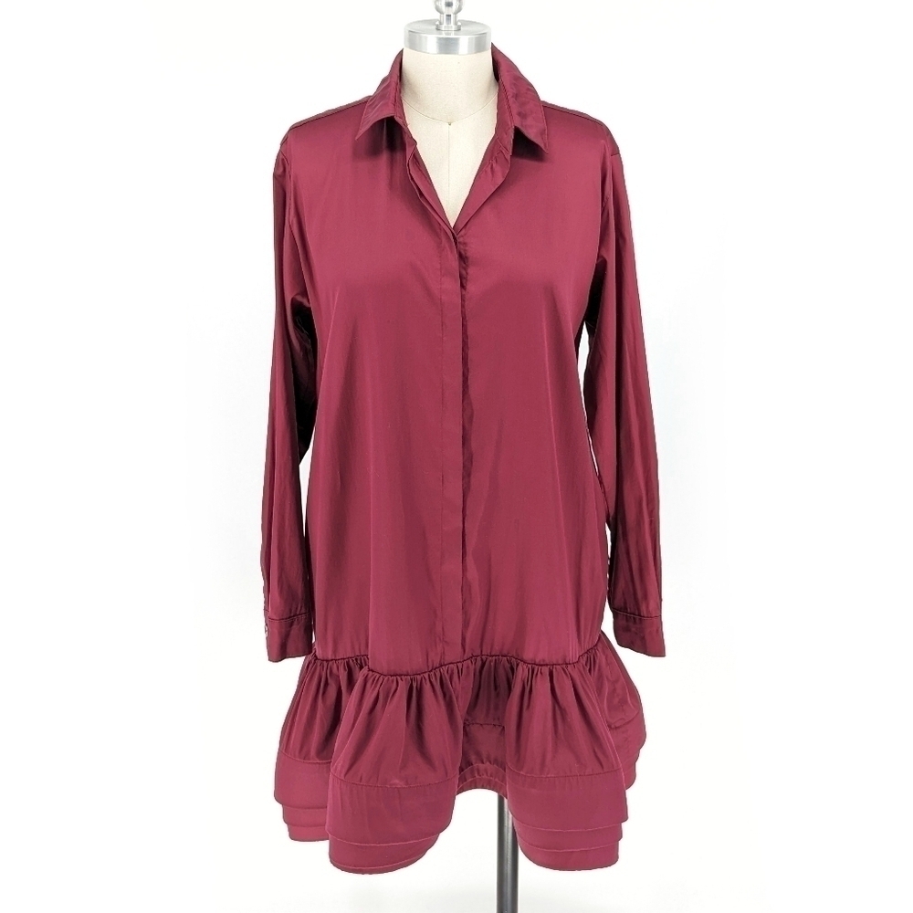 Catherine Regehr Satin Ruffle Hem Shirtdress Red M preppy coastal grandma spring